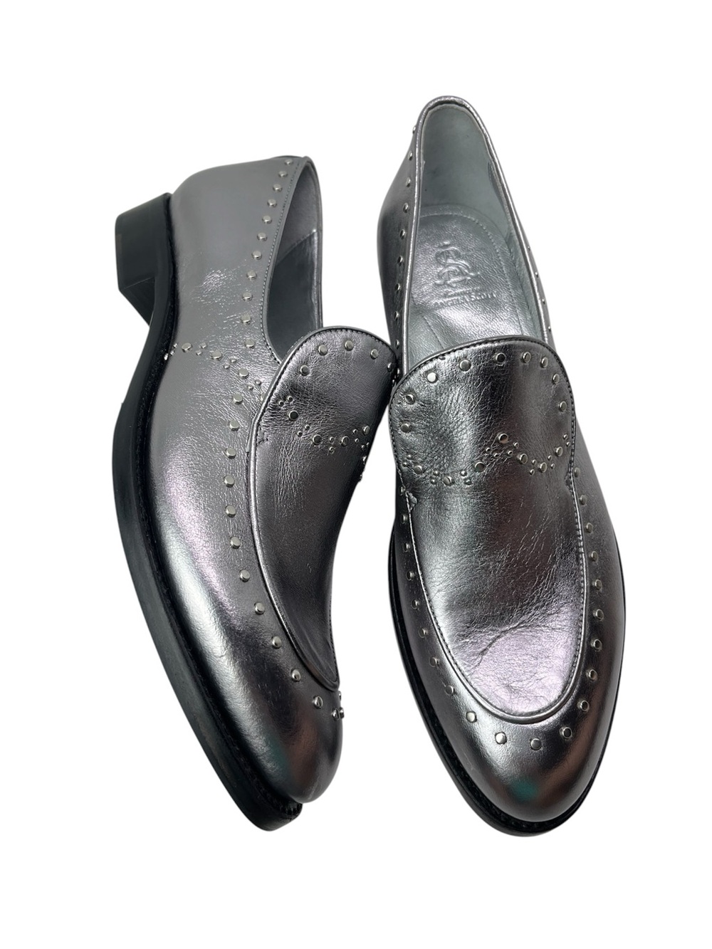 The Office of Angela Scott Miss Cecilia Metallic Silver Leather Studded Loafer